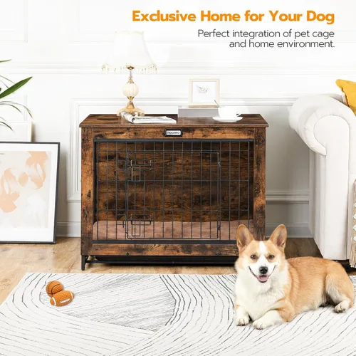 Miniatura 7 de HOOBRO Mueble de jaula para perros, perrera mediana de 32.5 pulgadas para interiores, jaula de madera con bandeja extraíble, mesa auxiliar lateral