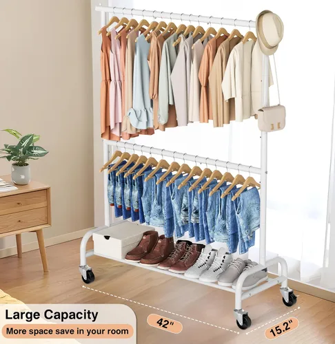 Miniatura 9 de MISSLO Percheros resistentes para colgar ropa perchero rack de ropa con ruedas de metal, ajustable, blanco y plateado