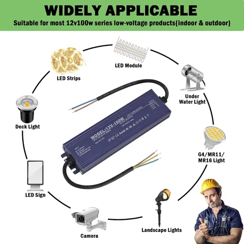 Miniatura 7 de Controlador LED de 12 V, IP67, impermeable, 12 V, 8,3 A, 100 W, transformador de fuente de alimentación de 100 ~ 264 V CA a 12 voltios CC, salida