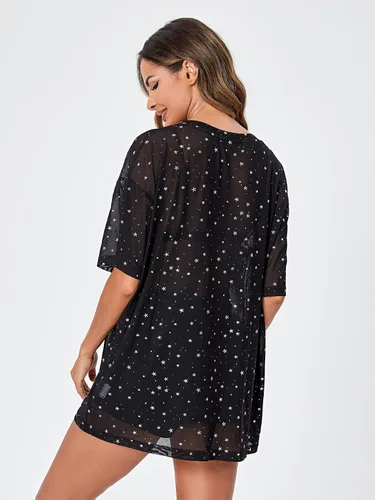 Miniatura 2 de WDIRARA Blusa de malla para mujer con purpurina transparente y de manga corta