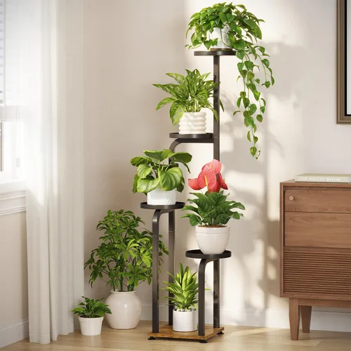 Miniatura 20 de LASZOLA Soporte para plantas de 5 niveles alto de madera y metal para interiores para macetas de servicio pesado, estante vertical grande
