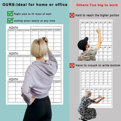 Miniatura 2 de Calendario grande de borrado en seco de 3 meses para pared, 36 x 24 pulgadas, calendario de pizarra blanca de tres meses sin fecha para oficina