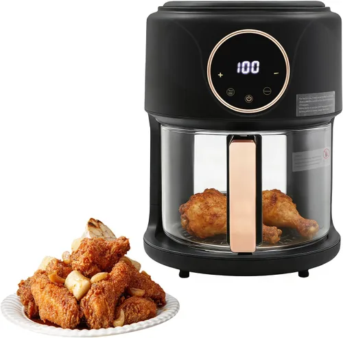 Freidora de aire de vidrio de 1200 W, freidora de aire cilíndrica de 3.81 cuartos de galón con cesta visible de 360°, temperatura ajustable de 176 ℉