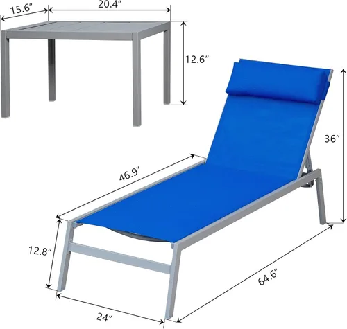 Miniatura 7 de Domi - Juego de 3 sillas reclinables ajustables para exteriores, para todo tipo de clima, con mesa auxiliar para patio, piscina, patio (azul)