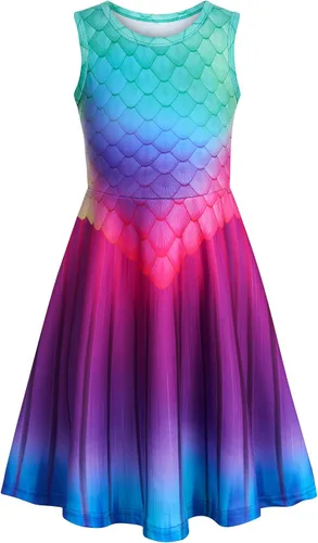 Funnycokid Vestido de Sirena para Niñas, Sin Mangas, de Verano, para Cumpleaños, de Fiesta con Volantes, Ropa de 4 a 13 Años
