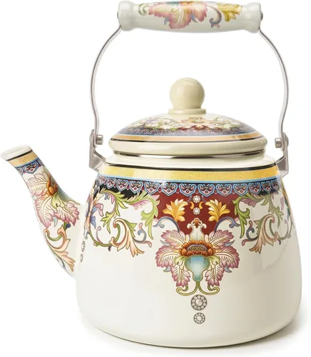 Miniatura 8 de Tetera de Esmalte Cerámico Floral Tetera para Estufa, Tetera Grande de Porcelana Esmaltada (blanco) (2.4L, blanco2)