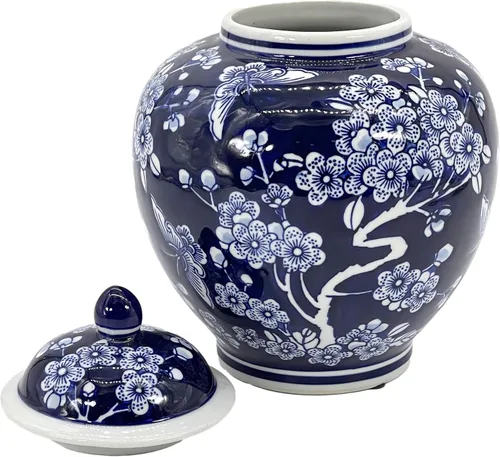 Miniatura 4 de Galt International Tarro de jengibre chinoiserie floral azul oscuro de 10 pulgadas con tapa, tarro de jengibre, almacenamiento de té, decorativo