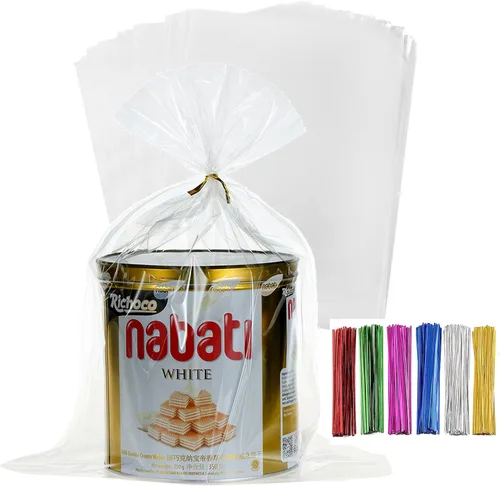 Miniatura 23 de 200 bolsas de celofán planas de celofán de 7 x 12 pulgadas con lazos torcidos de 6 colores, embalaje de galletas, dulces, postres de regalo, bolsas