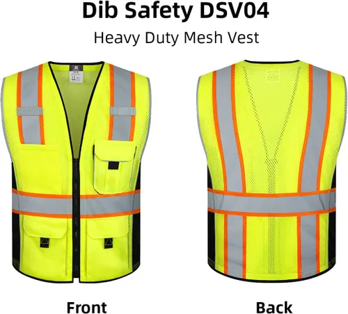 Miniatura 5 de Dib Safety - Chaleco reflectante amarillo de malla, chaleco de alta visibilidad con bolsillos y cremallera, ANSI clase 2 de servicio pesado, hecho