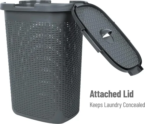 Miniatura 5 de Mind Reader Cesta para Ropa Sucia Delgada de 60L, Cesta de Ropa, Tapa, Estilo Mimbre, Plástico, 17.65"L x 13.75"A x 24.15"Al, Juego de 2, Gris