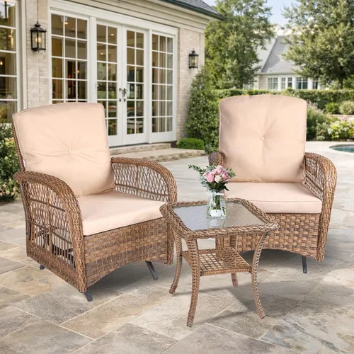 Miniatura 32 de VIVIJASON Silla mecedora de mimbre para exteriores, 2 piezas, sillas mecedoras de ratán para patio con cojines y marco de acero, muebles de mimbre