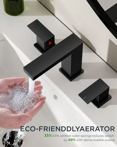 Miniatura 3 de FORIOUS Grifos de baño negros de 3 agujeros, grifo de lavabo de baño negro mate de 8 pulgadas de ancho, 2 manijas para fregadero de baño con drenaje