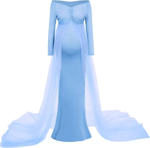 Miniatura 2 de Vestido de maternidad de manga larga con hombros descubiertos para mujer, de tul elegante, ajustado, para baby shower, fotografía, maxi vestido