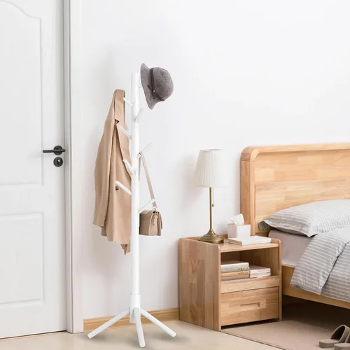 Miniatura 3 de Aliphon Perchero de madera, perchero independiente con 8 ganchos, árbol de abrigos de 3 tamaños ajustables para sombreros, abrigos, bufandas y Blanco