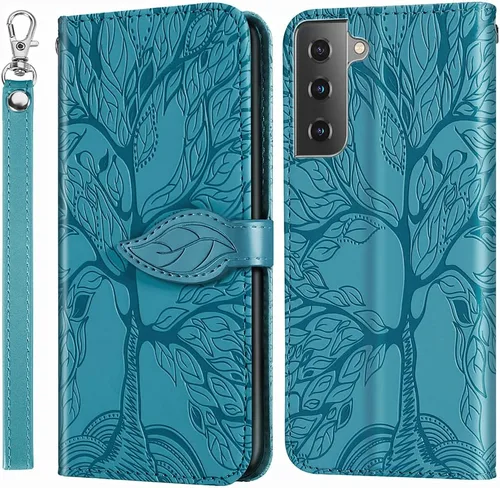 Funda para Samsung Galaxy S21 FE, Samsung S21 FE 5G, piel sintética de alta calidad en relieve con diseño de árbol [atril] [ranuras para tarjetas]