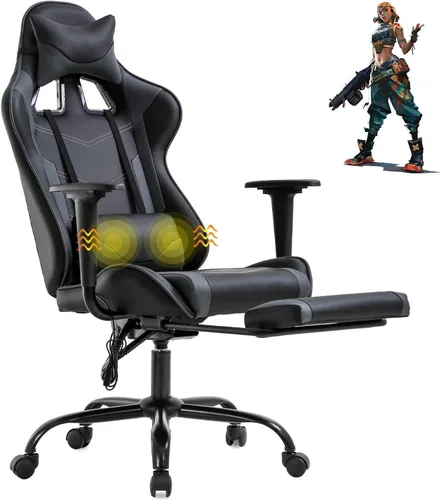 Miniatura 9 de Silla ergonómica para juegos de PC, silla de oficina de carreras, silla de videojuegos, función de masaje, soporte lumbar con reposabrazos Blanco