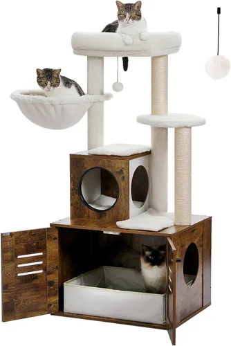 MUTTROS Árbol para gatos con recinto para caja de arena, árbol moderno de 50" para gatos grandes/gordos con condominio para gatos, muebles de madera
