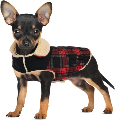 Abrigo de invierno para perros pequeños y medianos, chaqueta a cuadros para cachorros, abrigo de algodón para clima frío, prendas cálidas y Rojo