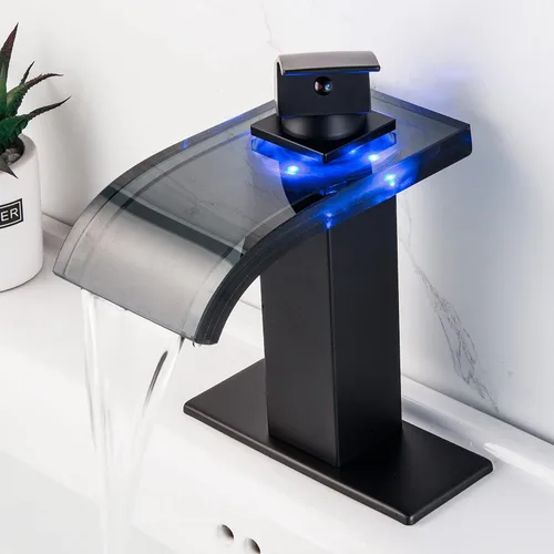 Grifo de baño de cascada LED negro, grifo de lavabo de baño, 1 agujero, juego central de 4 pulgadas Negro mate