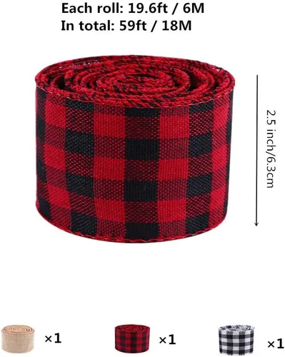 Miniatura 5 de Cinta de arpillera navideña de 2.5 pulgadas, cinta de envoltura roja y negra de 19.7 yardas para manualidades y coronas
