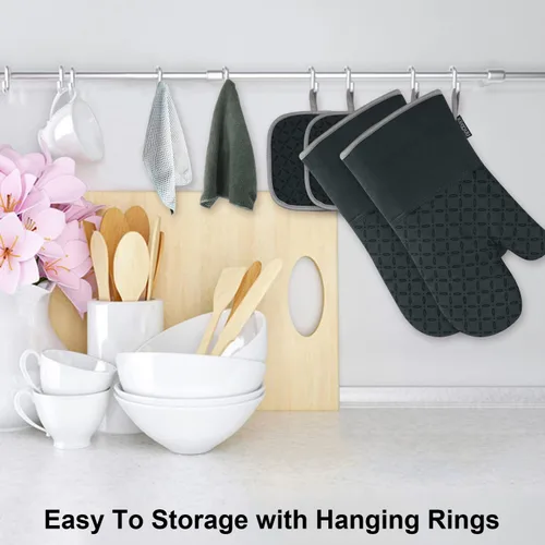 Miniatura 4 de KEGOUU Juego de 6 manoplas para horno y soportes para ollas, guantes para horno de cocina, resistentes al calor, 500 grados, extra largos, Verde