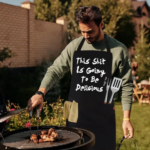 Miniatura 7 de Delantal divertido para barbacoa para hombres, delantal de chef con 2 bolsillos, correa ajustable para el cuello y lazos de 40 pulgadas de largo