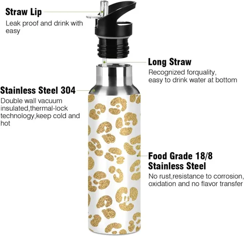 Miniatura 3 de Gold Leopard Spots White Insulated Water Bottle 32 Oz Leakproof Water Bottles, BPA-Free Sports Water Bottle with Straw