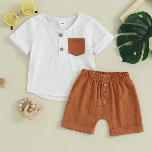 Miniatura 79 de Conjunto de ropa casual de manga corta con botones y pantalones cortos de lino para bebés y niños pequeños