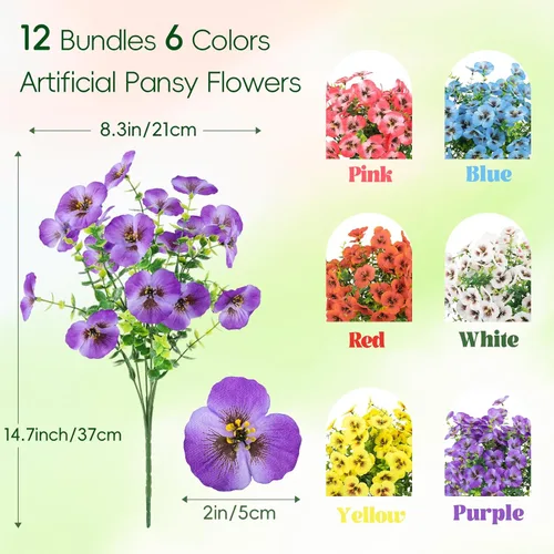 Miniatura 6 de MACTING 12 paquetes de flores artificiales para exteriores, resistentes a los rayos UV, pensamientos falsos, plantas al aire libre, flores