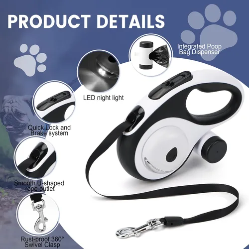 Miniatura 3 de Correa retráctil doble para perros medianos (hasta 66 libras cada uno), correa de doble cabeza para mascotas con bolsas para excrementos y luz LED