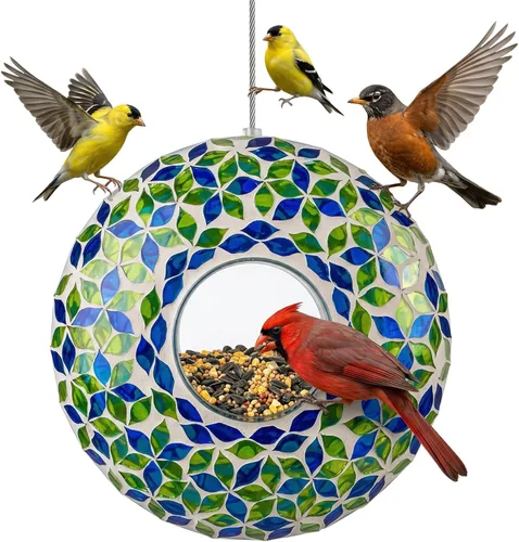 DUSVALLY Comedero colgante para pájaros, comedero redondo para pájaros silvestres, diseño geométrico azul y verde de 9 pulgadas para decoración de