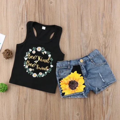 Miniatura 3 de Honganda Fashion 2Pcs Toddler Kids Baby Girl Sunflower Outfits Sleeveless Tank Top+Denim Shorts Summer Clothes
