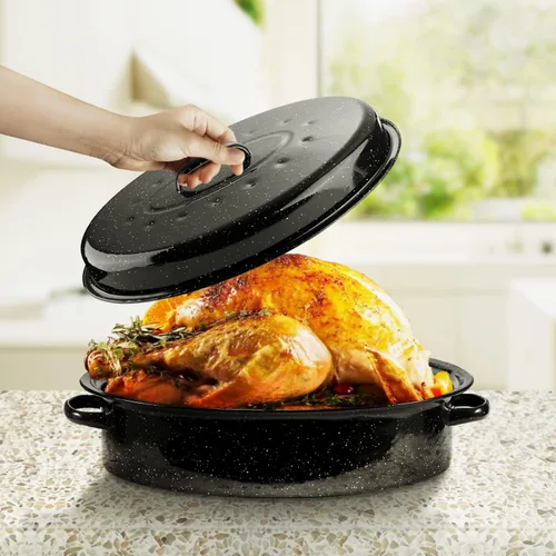 Miniatura 7 de DIMESHY Bandeja para asar de 18 pulgadas, esmaltada en acero, bandeja ovalada cubierta en negro con tapa, utensilio de cocina grande para pavo