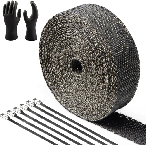 Miniatura 8 de CARDI Envoltura Térmica de Escape Negra de 2" x 16' de Fibra de Vidrio para Motocicleta con 8 Amarres de Acero Inoxidable Negros y Guantes