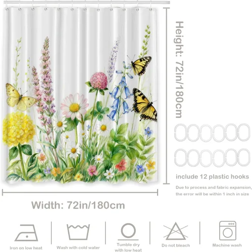 Miniatura 6 de Batmerry Cortina de ducha decorativa botánica con hojas blancas, flores románticas, borde victoriano, libélula y flores silvestres, bonita y ancha