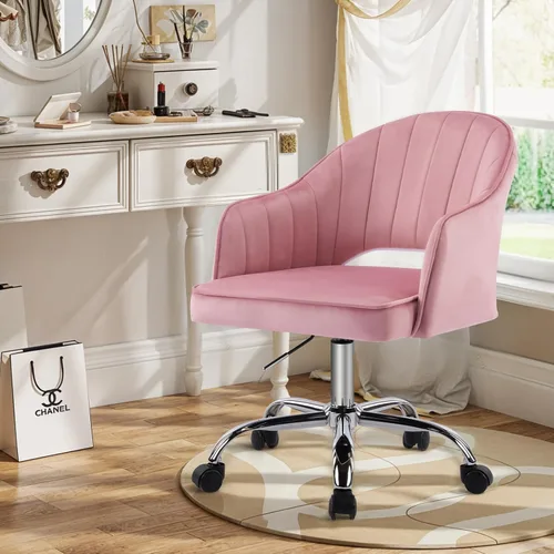 MOJAY Silla de tocador moderna con ruedas, silla de oficina en casa de terciopelo recortado de respaldo medio, asiento suave giratorio de altura