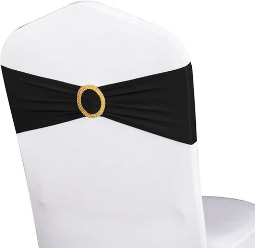 Miniatura 29 de Paquete de 50 bandas elásticas para sillas de bebé azul para boda, bandas elásticas de licra con hebilla deslizante, arcos de sillas de spandex