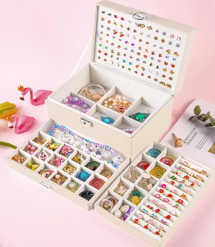 Miniatura 111 de Joyero de pendientes para mujeres y niñas, organizador de aretes de 5 capas, caja organizadora de joyas blanca con candado, collares y aretes