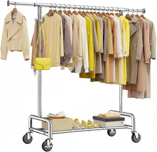 Miniatura 12 de Raybee Perchero resistente de 75 pulgadas de ancho, 450 libras, almacenamiento de ropa de metal con estante, ruedas con bloqueo y tapones
