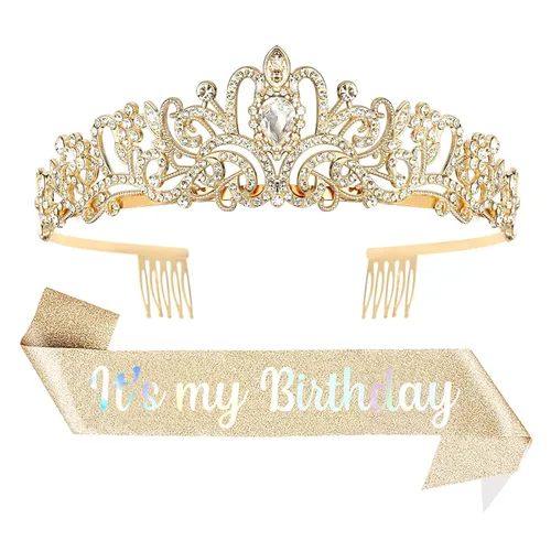 Miniatura 9 de YISSION Juego de tiara y banda de cumpleaños con diamantes de imitación plateados, banda con purpurina con corona de cristal para mujer