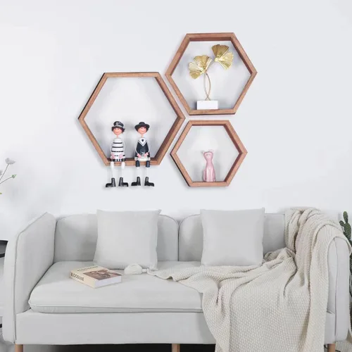 Miniatura 6 de PHOENANCEE Estantes flotantes hexagonales, estante de panal de abeja, estantes de almacenamiento octágonos de madera rústica montados en la pared