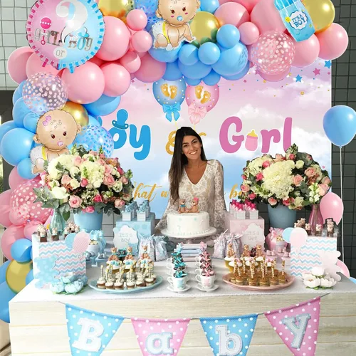 Miniatura 7 de Decoraciones de revelación de género, kit de arco de guirnalda de globos azul pastel y rosa con texto en inglés "What do You Think", globos de papel