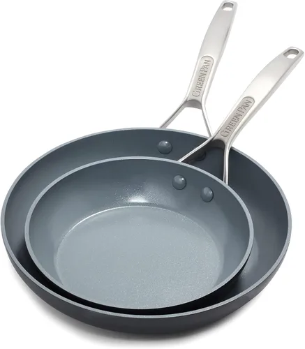 Miniatura 2 de GreenPan Paris Pro - Juego de sartenes antiadherentes de cerámica anodizada dura, de 8 y 10 pulgadas, sin PFAS, apto para lavavajillas, tapa gris