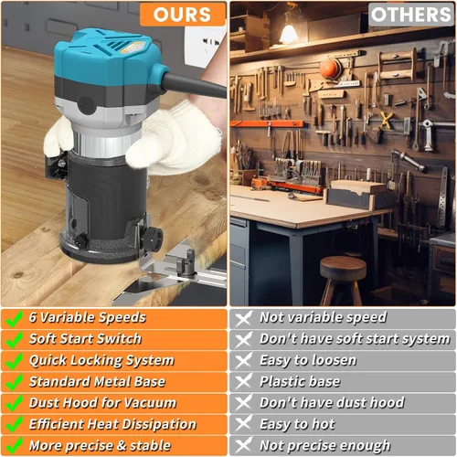 Miniatura 5 de Herramienta de enrutador TwoWin, Herramienta de enrutador de madera manual de 6.5 Amp 1.25 HP, Herramienta de enrutador de palma compacta