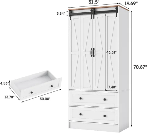 Miniatura 2 de Maupvit Armario de granja con 2 puertas corredizas plegables y cajones de madera de 70.9 pulgadas de alto, armario de dormitorio con amplio armario
