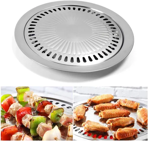 Miniatura 4 de Sartén coreana para barbacoa para estufa, sartén redonda de acero inoxidable de 11.81 x 1.1 pulgadas, placa de parrilla de campamento