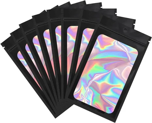 Miniatura 14 de Paquete de 100 bolsas de Mylar con ventana transparente, holográficas, a prueba de olores, para pequeñas empresas, bolsas resellables