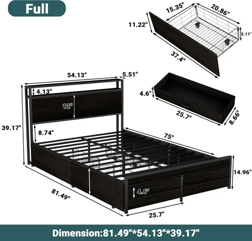 Miniatura 2 de Zevemomo Estructuras de Cama Full con Cabecero, Estructura de Cama de Almacenamiento Tamaño Full con 8 Cajones, Puertos de Carga y Enchufes