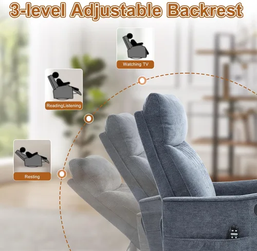 Miniatura 5 de Silla Reclinable Giratoria Manual con Balancín para Adultos, Sillón Reclinable Acolchado con Masaje y Calor, Silla Reclinable para Sala de Estar