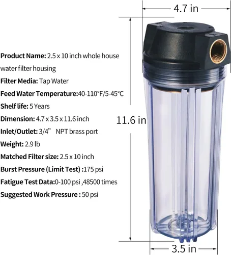 Miniatura 3 de Geekpure Carcasa delgada de filtro de agua para toda la casa de 10 pulgadas con válvula de alivio de presión, puerto de latón NPT de 3/4 pulgadas